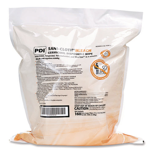 Sani-Cloth Bleach Germicidal Disposable Wipe Refill, 1-Ply, 7.5 x 15, Unscented, White, 160/Bag, 2 Bags/Carton-(PDIP700RF)
