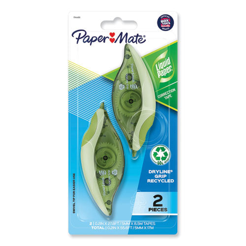 DryLine Grip Correction Tape, Recycled Dispenser, Green/White Applicator, 0.2" x 335", 2/Pack-(PAP1744480)