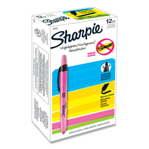 Retractable Highlighters, Fluorescent Pink Ink, Chisel Tip, Pink/Black Barrel, Dozen-(SAN28029)