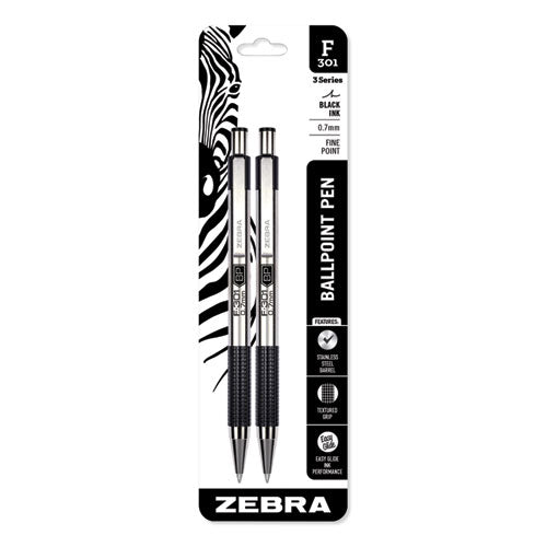 F-301 Ballpoint Pen, Retractable, Fine 0.7 mm, Black Ink, Stainless Steel/Black Barrel, 2/Pack-(ZEB27112)