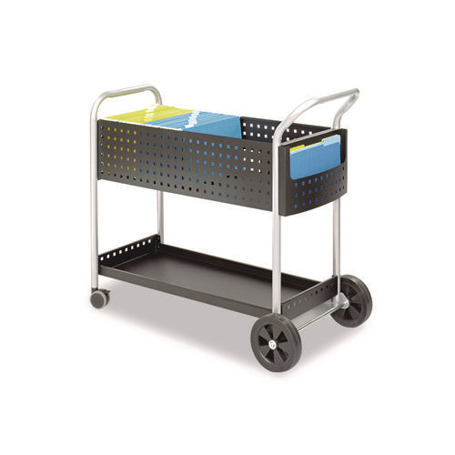 Scoot Dual-Purpose Mail and Filing Cart, Metal, 1 Shelf, 2 Bins, 22.5" x 39.5" x 40.75", Black/Silver-(SAF5239BL)