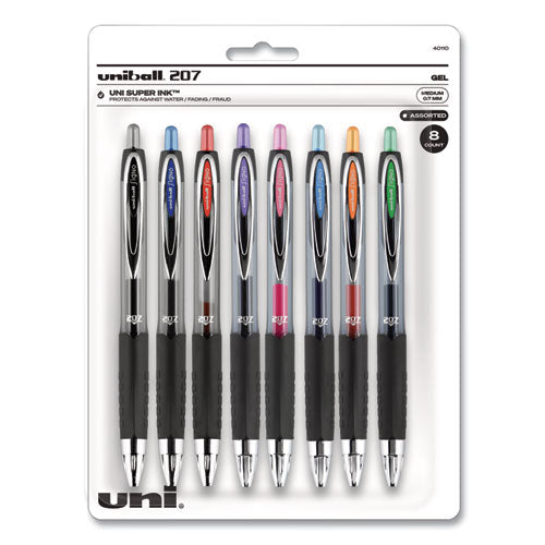 Signo 207 Gel Pen, Retractable, Medium 0.7 mm, Assorted Ink Colors, Black Barrel, 8/Pack-(UBC40110)