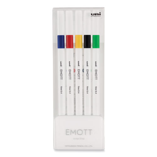 EMOTT Porous Point Pen, Stick, Fine 0.4 mm, Assorted Ink Colors, White Barrel, 5/Pack-(UBC24828)