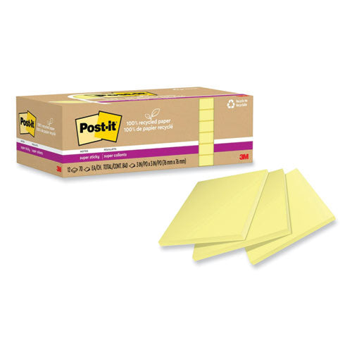 100% Recycled Paper Super Sticky Notes, 3" x 3", Canary Yelow, 70 Sheets/Pad, 12 Pads/Pack-(MMM654R12SSCY)