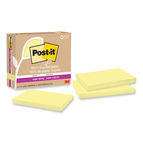 100% Recycled Paper Super Sticky Notes, 3" x 5", Canary Yellow, 70 Sheets/Pad, 12 Pads/Pack-(MMM655R12SSCY)