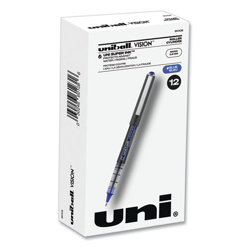 VISION Roller Ball Pen, Stick, Micro 0.5 mm, Blue Ink, Blue/Gray Barrel, Dozen-(UBC60108)