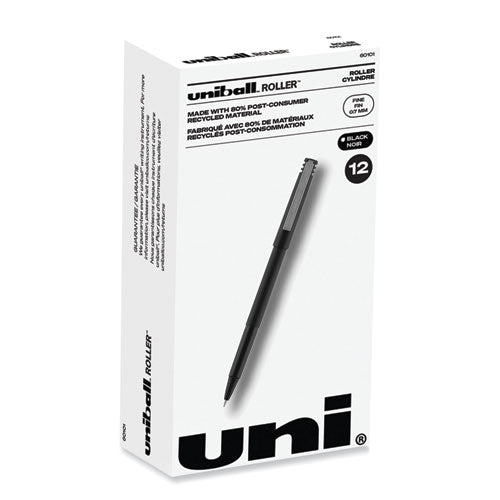 Roller Ball Pen, Stick, Fine 0.7 mm, Black Ink, Black Matte Barrel, Dozen-(UBC60101)