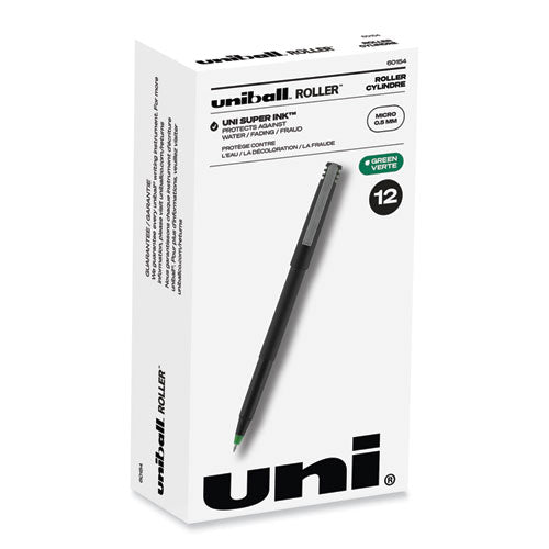Roller Ball Pen, Stick, Micro 0.5 mm, Green Ink, Black Matte Barrel, Dozen-(UBC60154)
