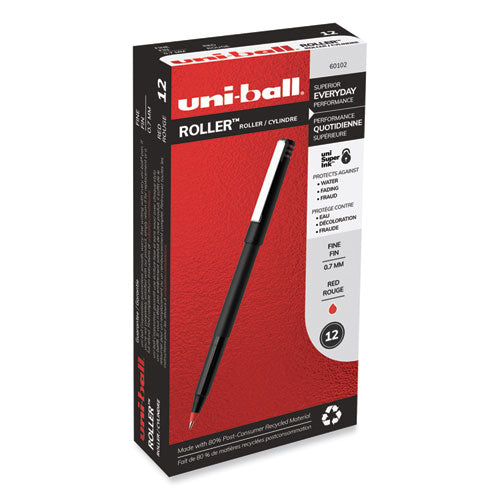 Roller Ball Pen, Stick, Fine 0.7 mm, Red Ink, Black Matte Barrel, Dozen-(UBC60102)