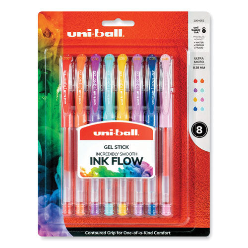 Gel Pen, Stick, Micro 0.38 mm, Assorted Ink Colors, Clear Barrel, 8/Pack-(UBC2004052)
