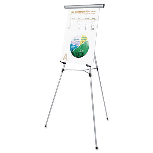 3-Leg Telescoping Easel with Pad Retainer, Adjusts 34" to 64", Aluminum, Silver-(UNV43050)