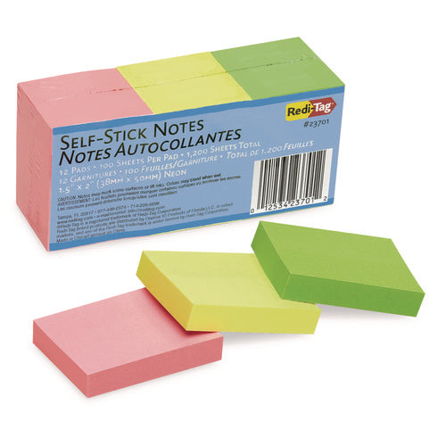 Self-Stick Notes, 1.5" x 2", Assorted Neon Colors, 100 Sheets/Pad, 12 Pads/Pack-(RTG23701)