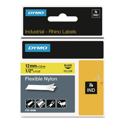 Rhino Flexible Nylon Industrial Label Tape, 0.5" x 11.5 ft, Yellow/Black Print-(DYM18490)