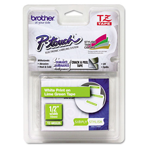 TZ Standard Adhesive Laminated Labeling Tape, 0.47" x 16.4 ft, White/Lime Green-(BRTTZEMQG35)