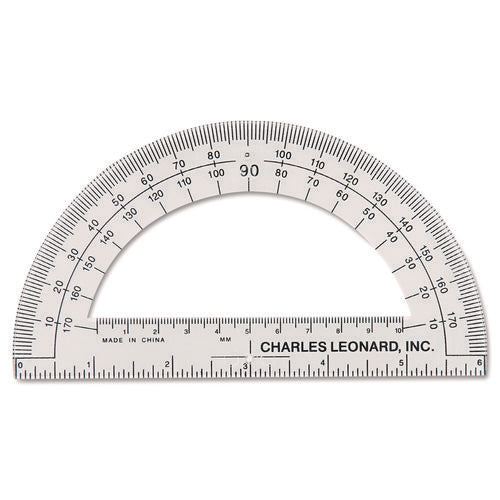 Open Center Protractor, Plastic, 6" Ruler Edge, Clear, Dozen-(LEO77106)