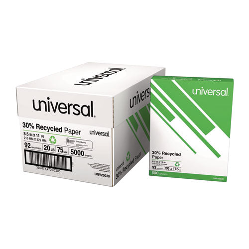 30% Recycled Copy Paper, 92 Bright, 20 lb Bond Weight, 8.5 x 11, White, 500 Sheets/Ream, 10 Reams/Carton-(UNV20030)