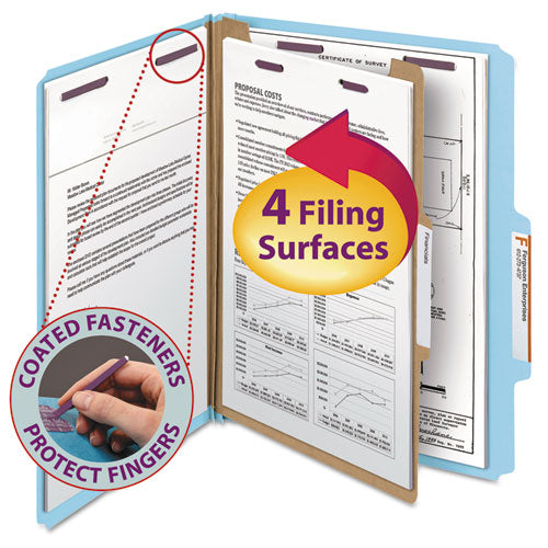 Four-Section Pressboard Top Tab Classification Folders, Four SafeSHIELD Fasteners, 1 Divider, Letter Size, Blue, 10/Box-(SMD13730)