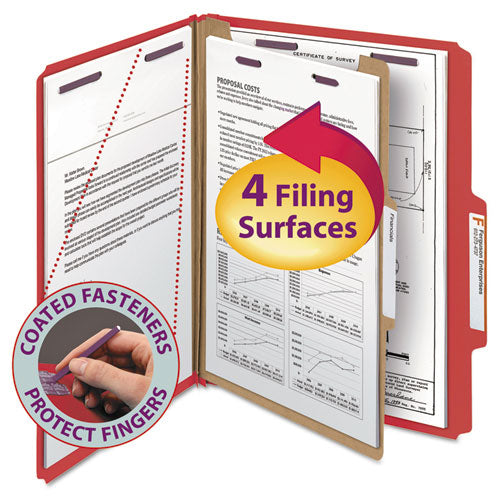 Four-Section Pressboard Top Tab Classification Folders, Four SafeSHIELD Fasteners, 1 Divider, Letter Size, Bright Red, 10/Box-(SMD13731)