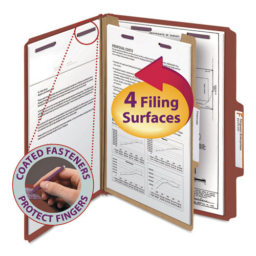 Pressboard Classification Folders, Four SafeSHIELD Fasteners, 2/5-Cut Tabs, 1 Divider, Letter Size, Red, 10/Box-(SMD13775)