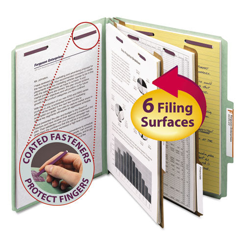 Pressboard Classification Folders, Six SafeSHIELD Fasteners, 2/5-Cut Tabs, 2 Dividers, Letter Size, Gray-Green, 10/Box-(SMD14076)