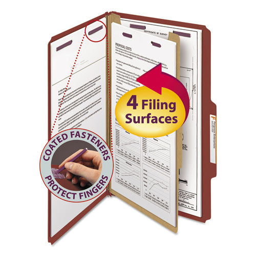 Pressboard Classification Folders, Four SafeSHIELD Fasteners, 2/5-Cut Tabs, 1 Divider, Legal Size, Red, 10/Box-(SMD18775)