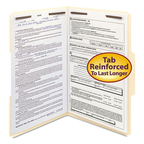 Top Tab Fastener Folders, 1/3-Cut Tabs: Assorted, 0.75" Expansion, 2 Fasteners, Legal Size, Manila Exterior, 50/Box-(SMD19537)