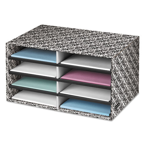 Decorative Sorter, 8 Letter Compartments, 19.5 x 12.38 x 10.25, Black/White Brocade-(FEL6171301)