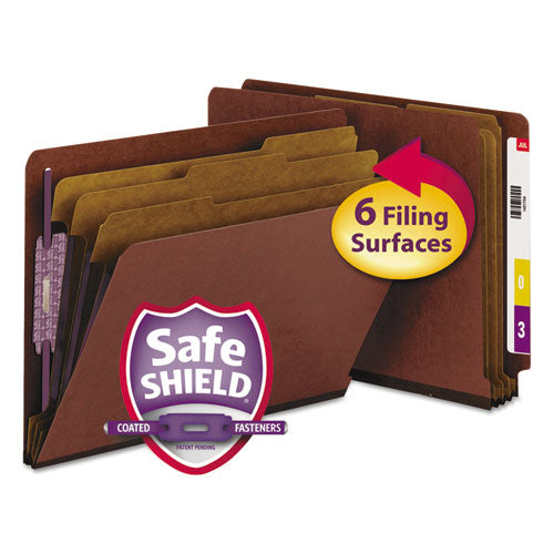 End Tab Pressboard Classification Folders, Eight SafeSHIELD Fasteners, 3" Expansion, 3 Dividers, Letter Size, Red, 10/Box-(SMD26865)