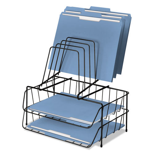 Wire Double Tray with Step File Sorter, 8 Sections, Letter Size Files, 13.88" x 10.13" x 14", Black-(FEL72391)