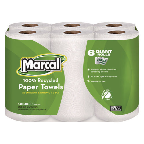 100% Premium Recycled Kitchen Roll Towels, 2-Ply, 11 x 5.5, White, 140/Roll, 6 Rolls/Pack-(MRC6181PK)