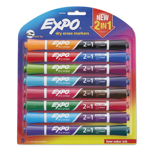 2-in-1 Dry Erase Markers, Fine/Broad Chisel Tips, Assorted Colors, 8/Pack-(SAN1944658)