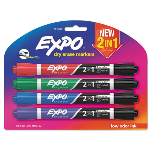 2-in-1 Dry Erase Markers, Fine/Broad Chisel Tips, Assorted Primary Colors, 4/Pack-(SAN1944655)
