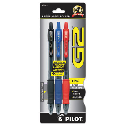 G2 Premium Gel Pen, Retractable, Fine 0.7 mm, Assorted Ink Colors, Smoke Barrel, 3/Pack-(PIL31023)