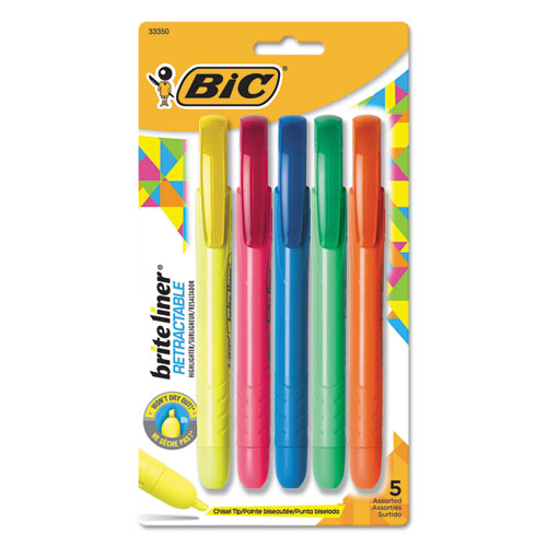 Brite Liner Retractable Highlighter, Assorted Ink Colors, Chisel Tip, Assorted Barrel Colors, 5/Set-(BICBLRP51ASST)