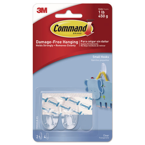 Clear Hooks and Strips, Small, Plastic, 1 lb Capacity, 2 Hooks and 4 Strips/Pack-(MMM17092CLRES)