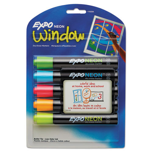 Neon Windows Dry Erase Marker, Broad Bullet Tip, Assorted Colors, 5/Pack-(SAN1752226)