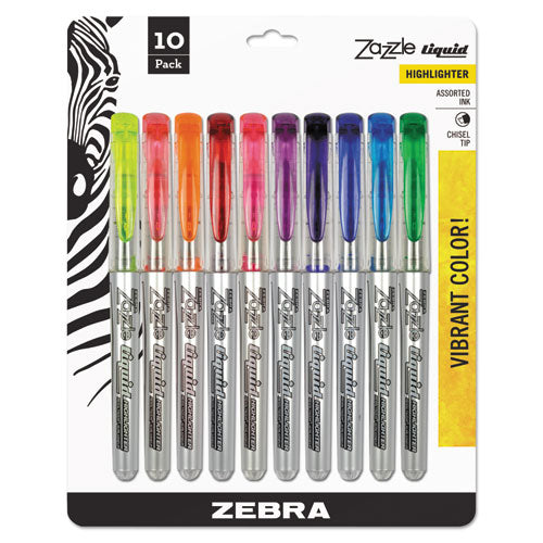 Zazzle Liquid Ink Highlighter, Assorted Ink Colors, Chisel Tip, Assorted Barrel Colors, 10/Set-(ZEB71111)