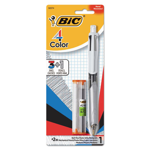 4-Color 3 + 1 Multi-Color Ballpoint Pen/Pencil, Retractable, 1 mm Pen/0.7 mm Pencil, Black/Blue/Red Ink, Gray/White Barrel-(BICMMLP1AST)