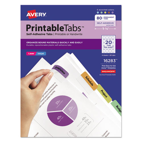 Printable Plastic Tabs with Repositionable Adhesive, 1/5-Cut, Assorted Colors, 1.75" Wide, 80/Pack-(AVE16283)