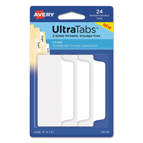 Ultra Tabs Repositionable Tabs, Wide and Slim: 3" x 1.5", 1/3-Cut, White, 24/Pack-(AVE74776)
