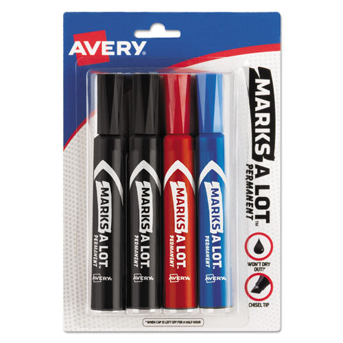 MARKS A LOT Regular Desk-Style Permanent Marker, Broad Chisel Tip, Assorted Colors, 4/Set (7905)-(AVE07905)