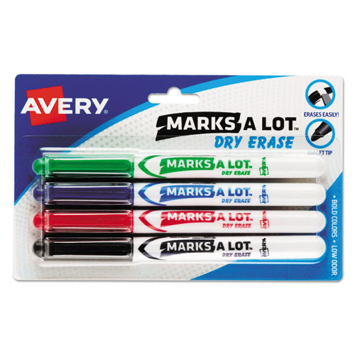 MARKS A LOT Pen-Style Dry Erase Markers, Medium Bullet Tip, Assorted Colors, 4/Set (24459)-(AVE24459)