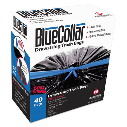 Drawstring Trash Bags, 30 gal, 1 mil, 30" x 34", Black, 20 Bags/Roll, 2 Rolls/Box-(HERN6034YKRC1)