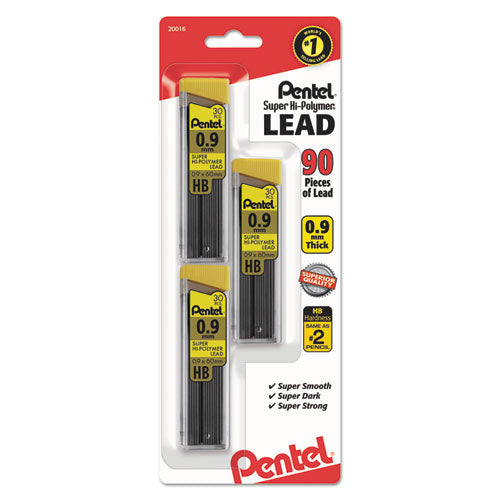 Super Hi-Polymer Lead Refills, 0.9 mm, HB, Black, 30/Tube, 3 Tubes/Pack-(PENC29BPHB3)