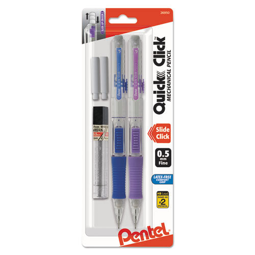 QUICK CLICK Mechanical Pencil, 0.5 mm, HB (#2.5), Black Lead, Assorted Barrel Colors, 2/Pack-(PENPD215LEBP2)