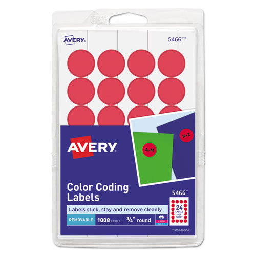Printable Self-Adhesive Removable Color-Coding Labels, 0.75" dia, Red, 24/Sheet, 42 Sheets/Pack, (5466)-(AVE05466)