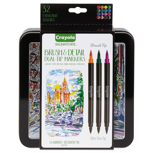 Brush and Detail Dual Ended Markers, Extra-Fine Brush/Bullet Tips, Assorted Colors, 16/Set-(CYO586501)