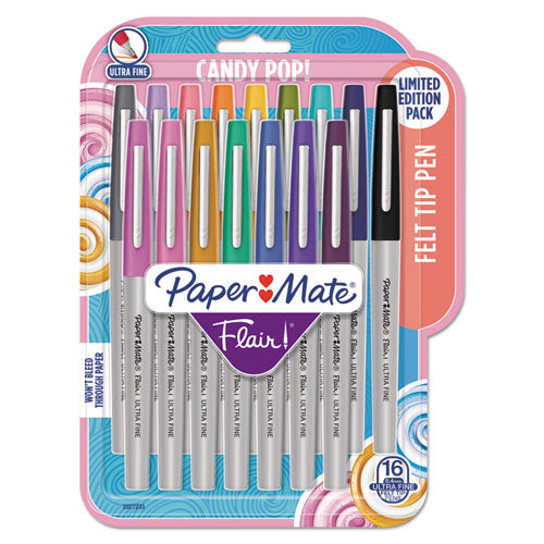 Flair Felt Tip Porous Point Pen, Stick, Extra-Fine 0.4 mm, Assorted Ink Colors, Gray Barrel, 16/Pack-(PAP2027233)