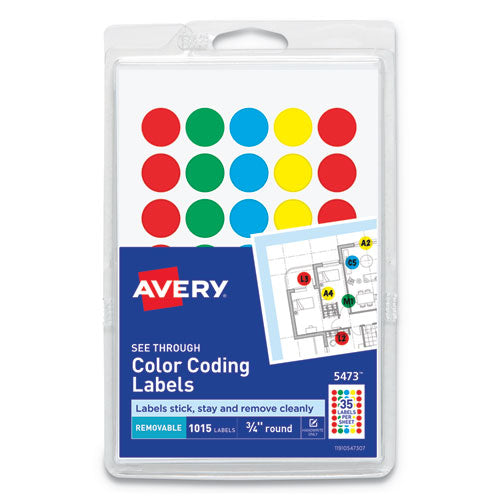 Handwrite-Only Self-Adhesive "See Through" Removable Round Color Dots, 0.75" dia, Assorted, 35/Sheet, 29 Sheets/Pack, (5473)-(AVE05473)