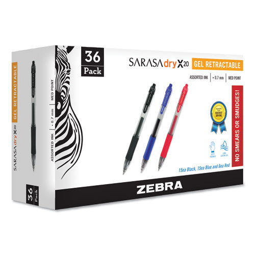 Sarasa Dry Gel X20 Gel Pen, Retractable, Medium 0.7 mm, Assorted Ink and Barrel Colors, 36/Pack-(ZEB46036)